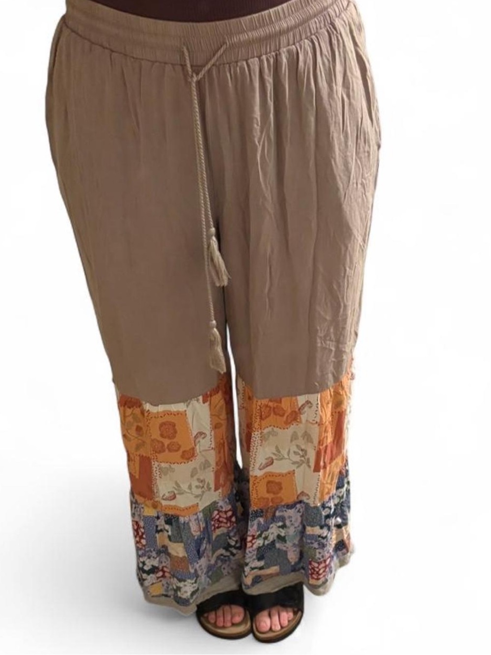easel Taupe Wide-Leg Pants with Patchwork Hem